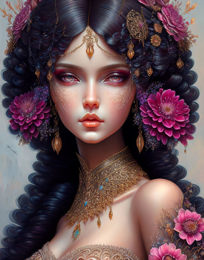 Digital Artwork: Woman with Gold Jewelry, Dark Hair, Pink Flowers, Purple Eyeshadow