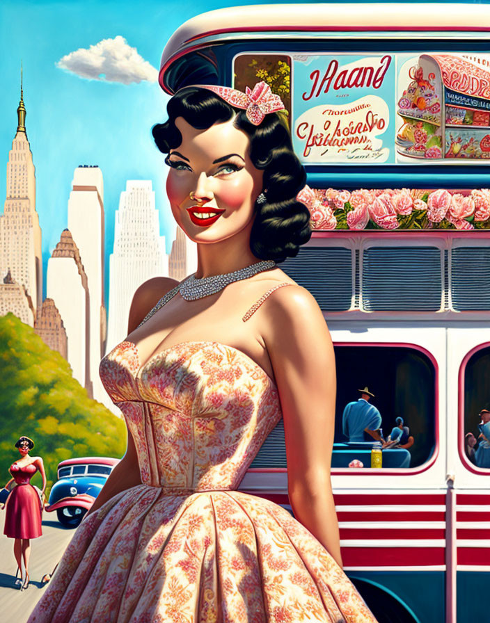 Smiling woman in vintage dress with ice cream ad and classic bus in 1950s New York