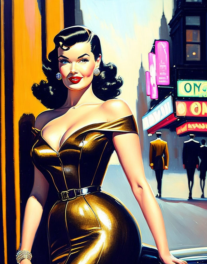 Glamorous woman in gold dress on city street with neon signs
