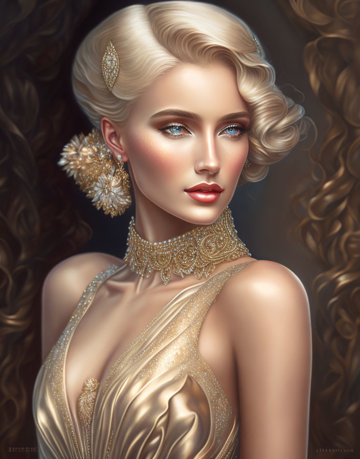 Woman portrait: elegant jewelry, blue eyes, blonde hair, golden dress