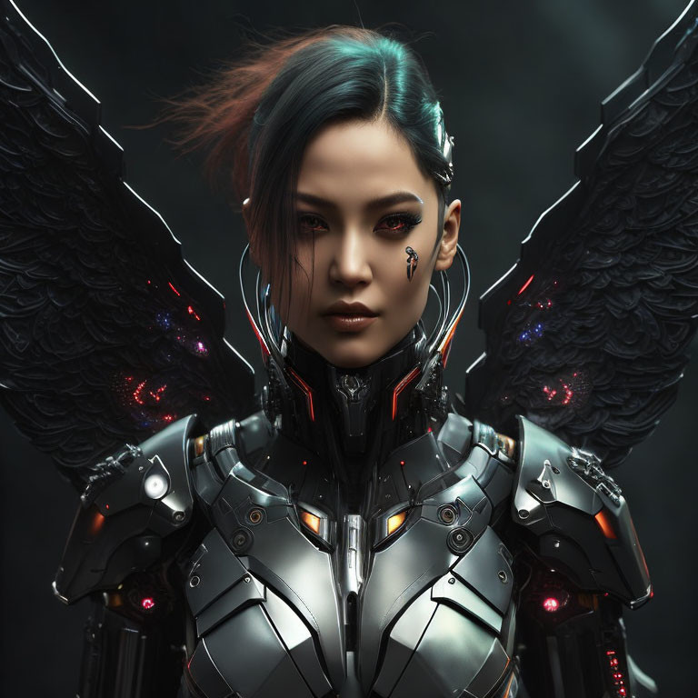 Asian Person in Cybernetic Armor with Mechanical Wings on Dark Background