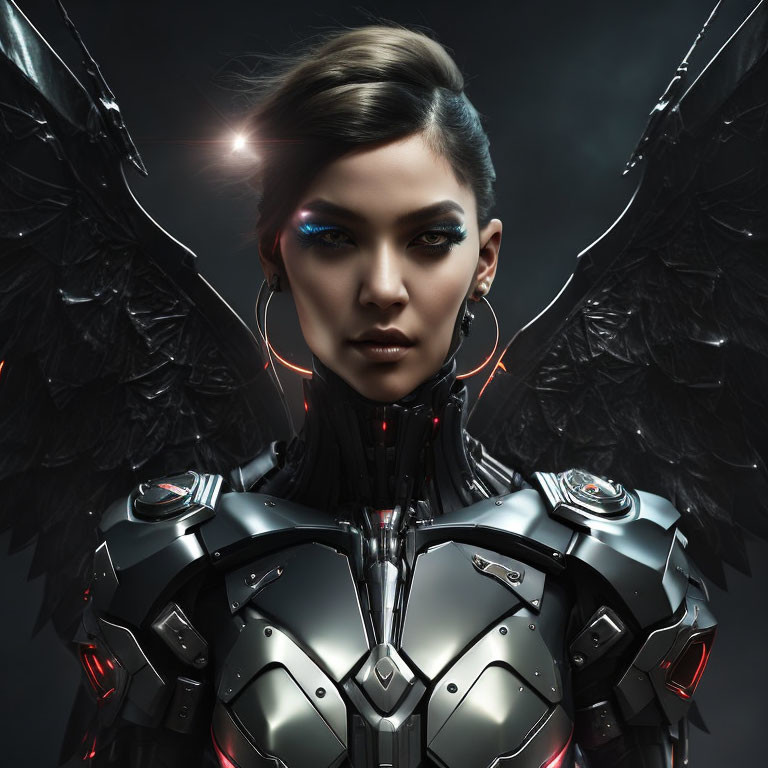 Futuristic woman in robotic armor with glowing elements and wings