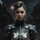Futuristic dark angel armor with metallic wings and glowing elements