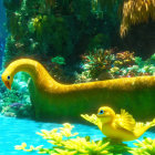 Colorful Underwater Scene with Golden-Yellow Sea Snake and Marine Plants