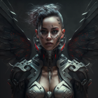 Asian Person in Cybernetic Armor with Mechanical Wings on Dark Background