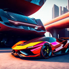 Sleek red and yellow sports car in futuristic city scene