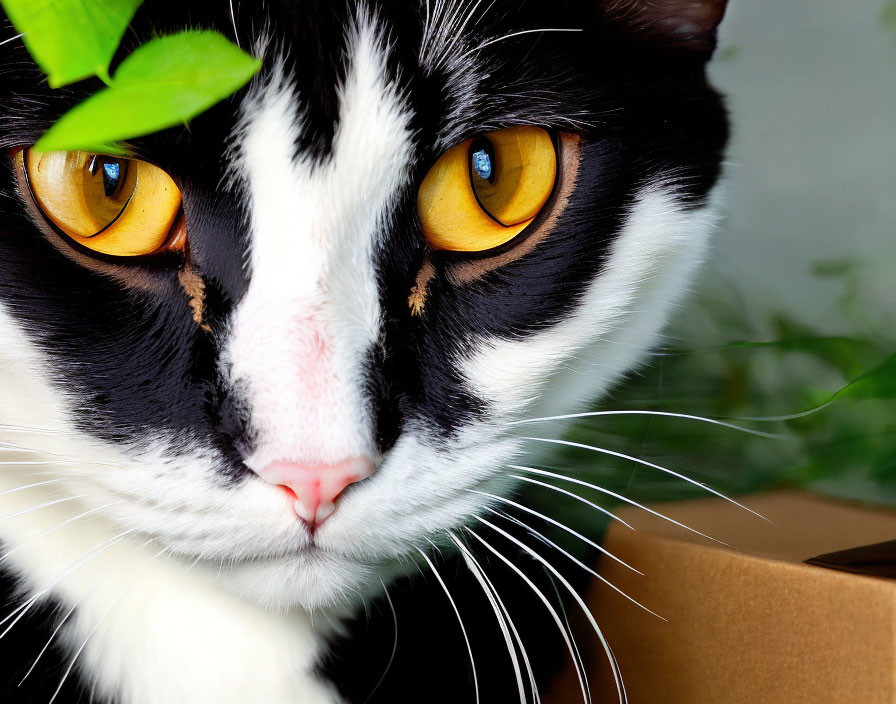 Black and white cat with yellow eyes in green leaves close-up.