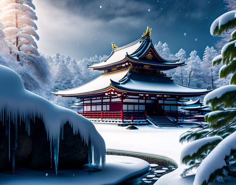 Japanese temple in a snowy forest