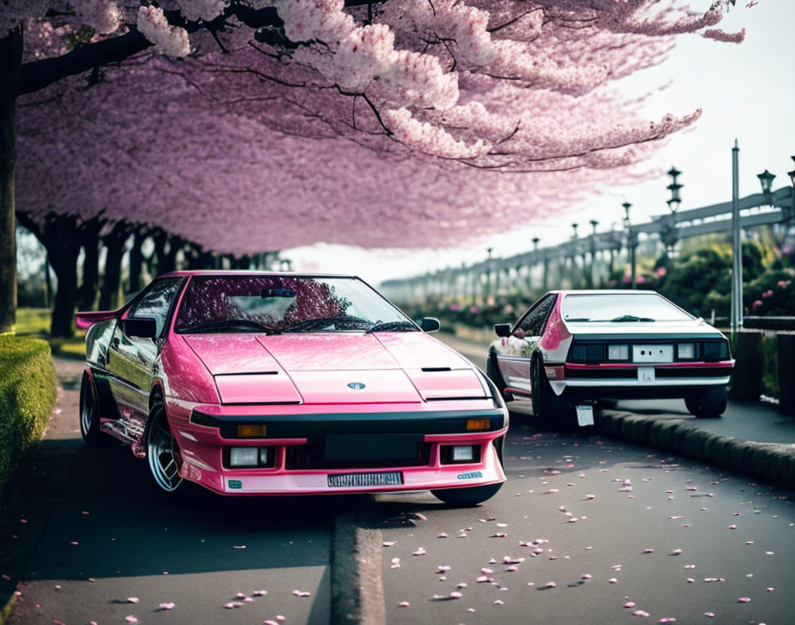 Two Pink Sports Cars Under Cherry Blossom Trees with Petals on Ground