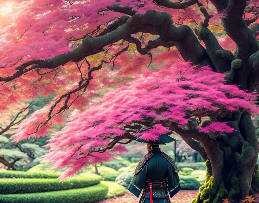 Samurai under Japanese maple tree