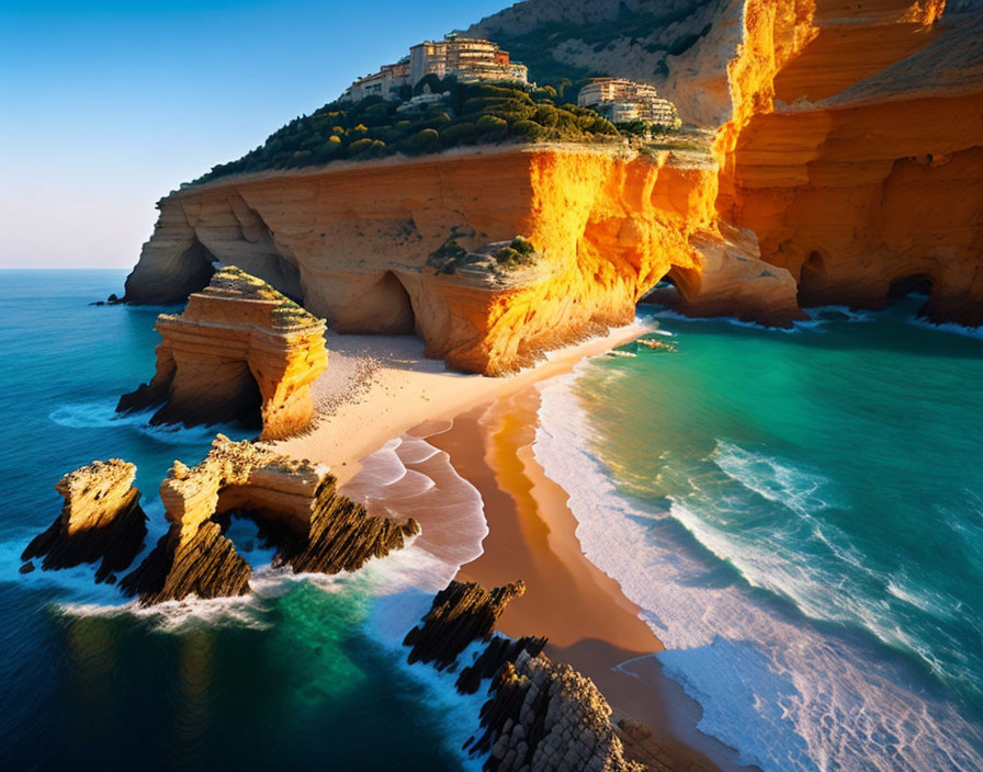Majestic golden cliffs and rock formations by a tranquil sea at sunset