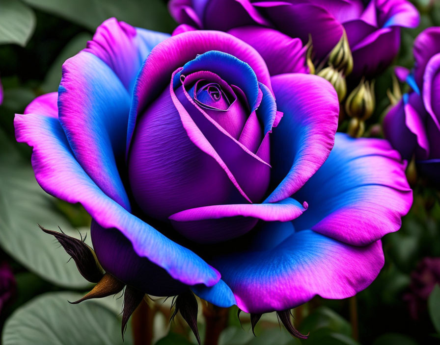 Colorful Purple and Blue Rose with Swirl and Green Leaves