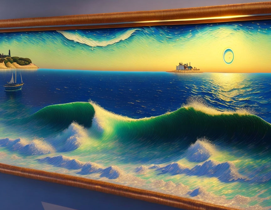 Ocean scene painting with waves transitioning to a framed ship, island, and distant structure