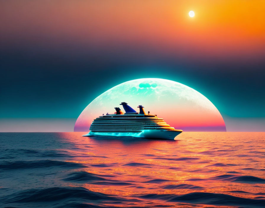 Cruise Ship Sailing at Sunset with Oversized Moon