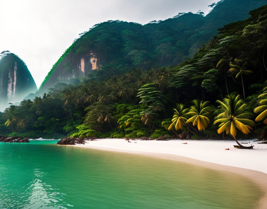 Tropical Beach with Green Foliage, Misty Mountains, and Turquoise Water