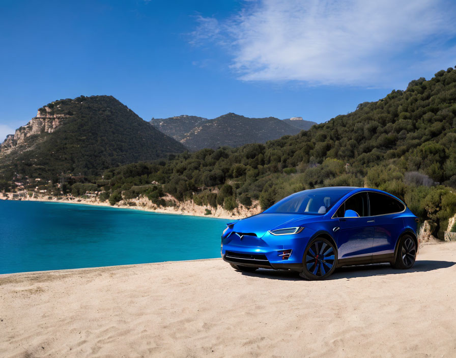 Blue Electric Car Parked on Sandy Terrain Near Calm Turquoise Sea