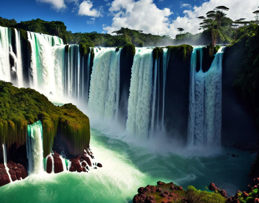Majestic waterfall with lush greenery and blue sky