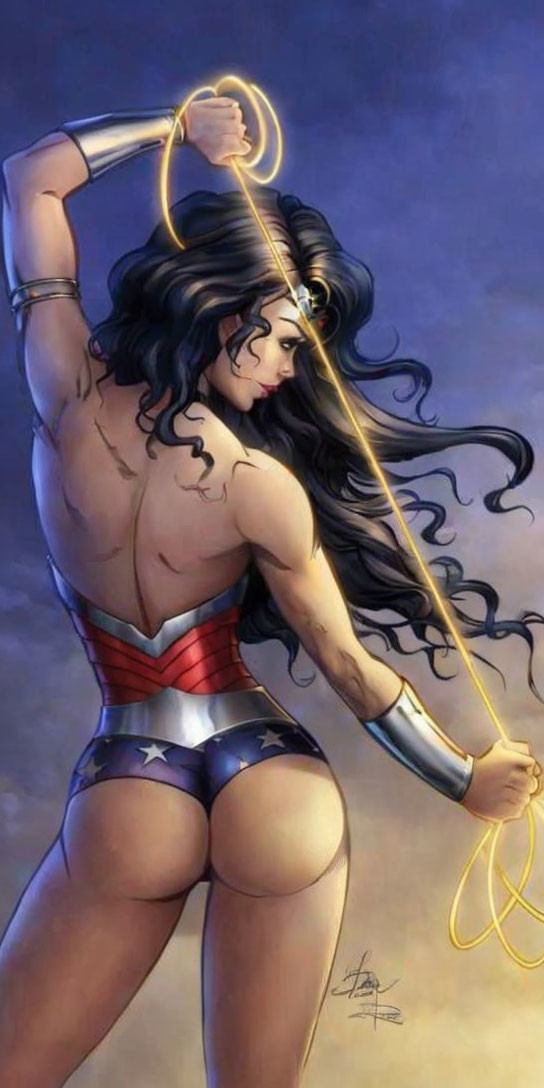 Muscular Female Superhero with Dark Hair and Golden Lasso in Red and Blue Costume
