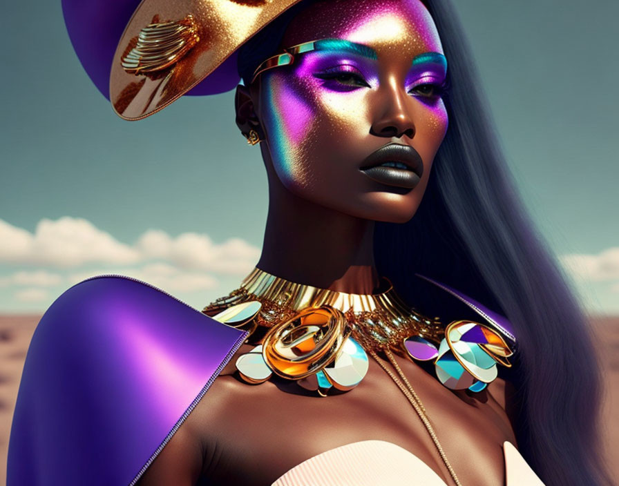 Digital artwork: Woman with metallic gold & purple makeup, futuristic jewelry, vibrant desert backdrop.