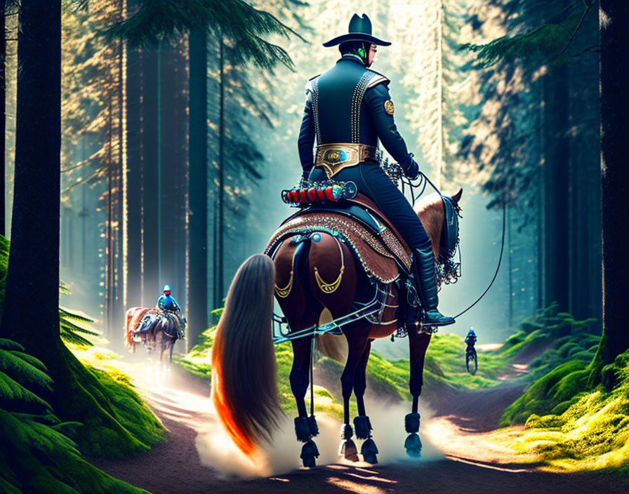 Decorated rider on embellished horse in sunlit forest path