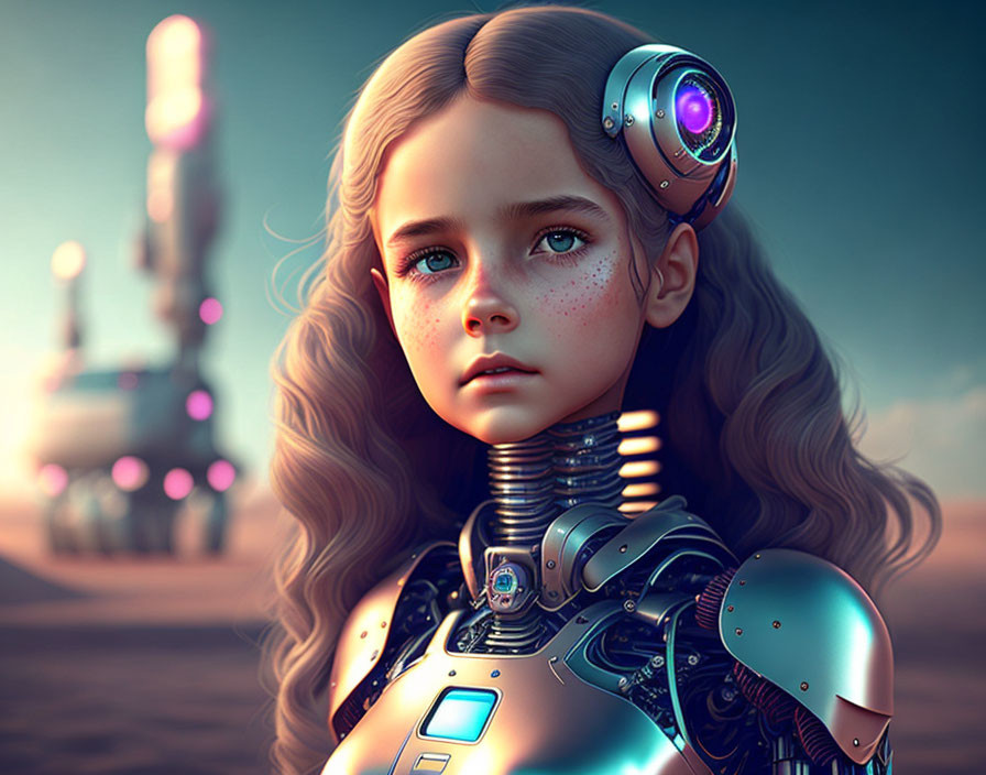 Digital artwork: Young girl with futuristic robotic body, cybernetic eye, flowing hair, sci-fi