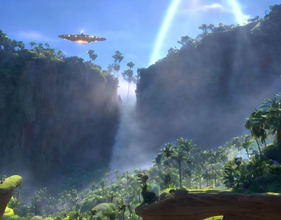 Mysterious UFO above lush jungle with cliffs and light beams