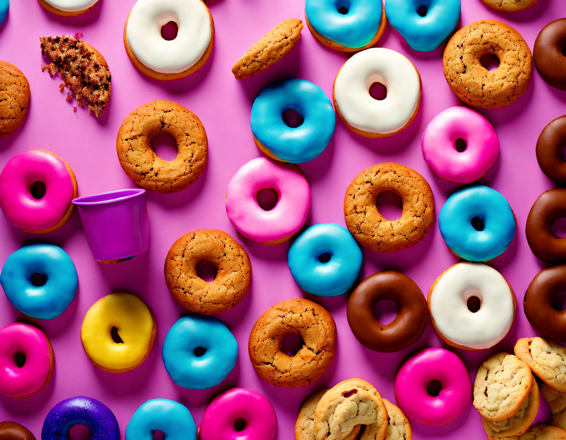 Assorted colorful donuts and cookies on pink surface with purple cup