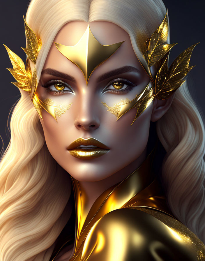 Woman with Golden Fantasy Makeup and Leafy Headdress