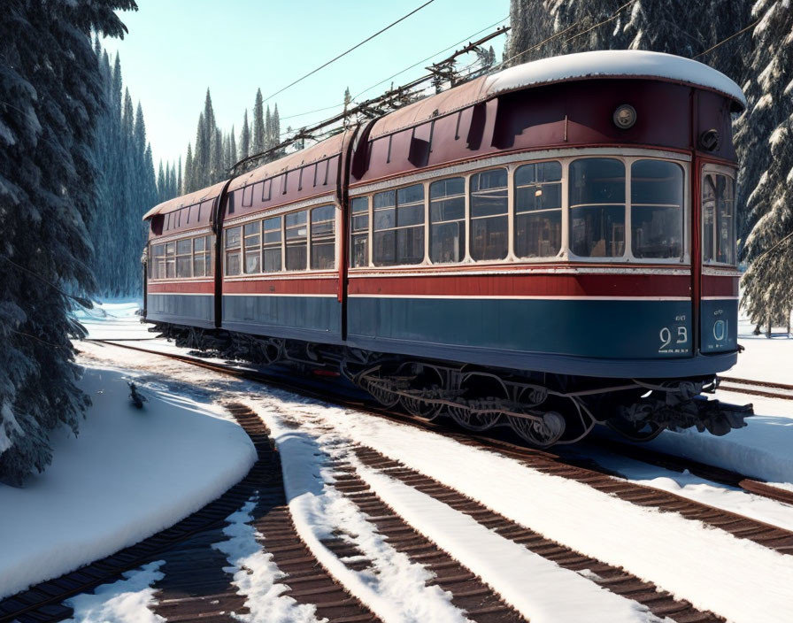 Vintage Tram on Snowy Tracks Among Pine Trees in Clear Blue Sky