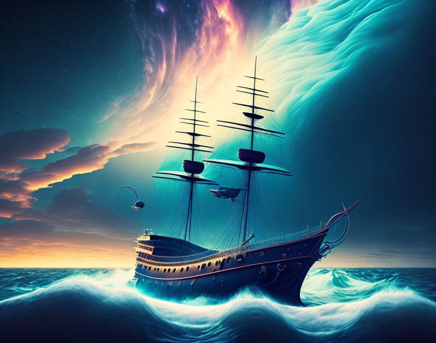 Majestic sailing ship on tumultuous ocean waves under aurora-filled twilight sky