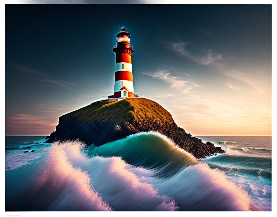 Striped red and white lighthouse on cliff at dusk with crashing waves