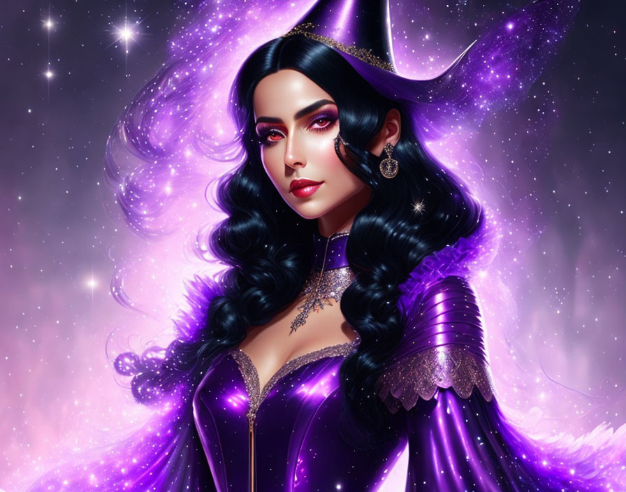 Digital illustration of woman in fantasy purple outfit with starry background