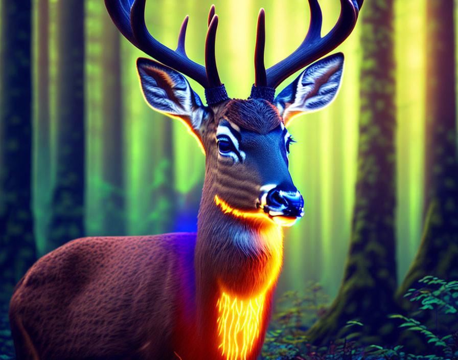 Colorful Deer with Antlers in Mystical Forest with Light Beams