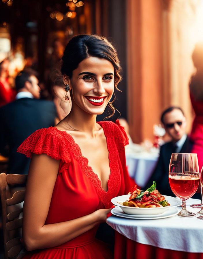 Smiling woman in red dress with wine and food at restaurant table