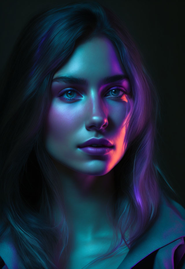 Portrait of woman illuminated by blue and pink neon lighting