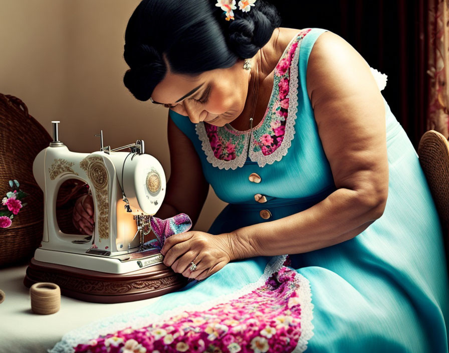 Woman sewing pink fabric with vintage sewing machine and thread spools