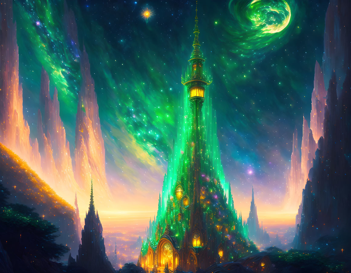 Fantasy landscape with illuminated castle under green aurora.