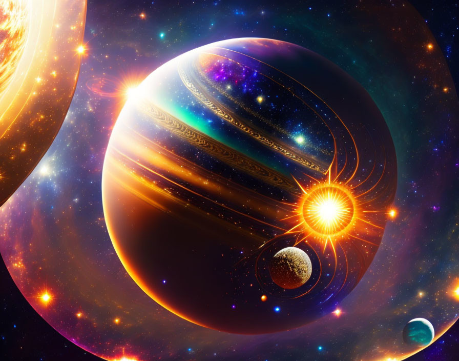 Colorful digital artwork of gas giant in planetary system