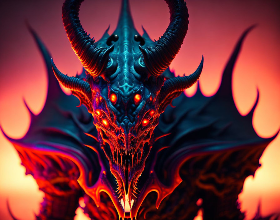 Dragon illustration with fiery red eyes and horns on intense background.