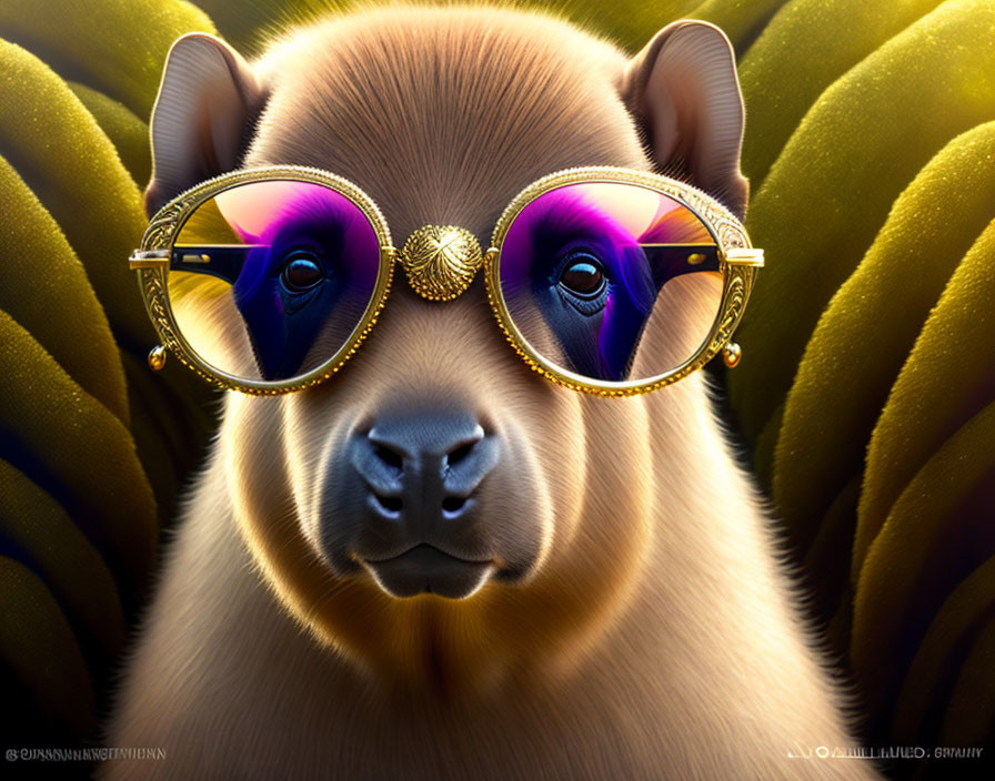 Stylized baboon with human-like eyes in gold-rimmed sunglasses on yellow background