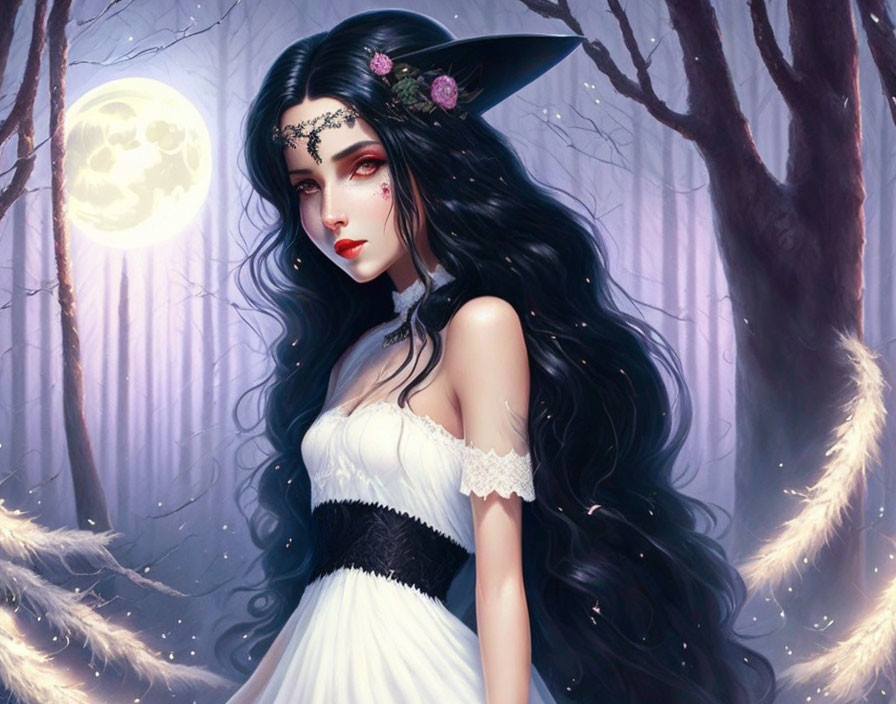 Illustrated female figure in white dress under full moon