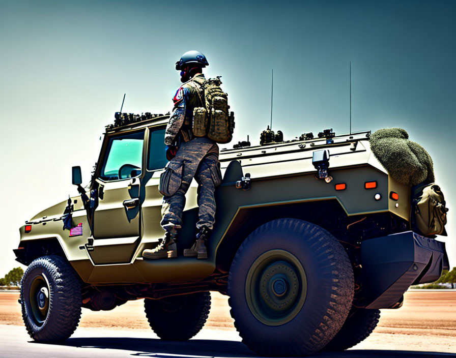 Soldier in full gear on military armored vehicle under clear blue sky