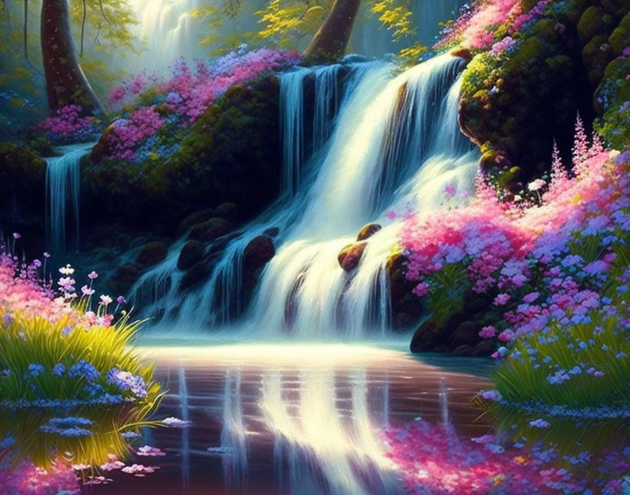 Beautiful waterfall with flowers