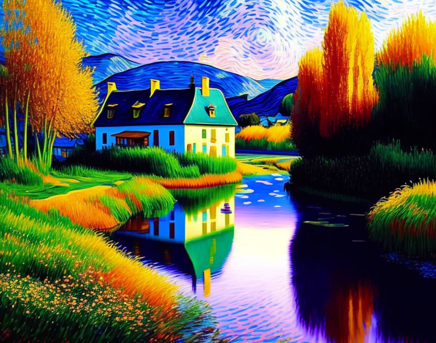 Colorful painting of a thatched-roof house by a river with vibrant trees and grass