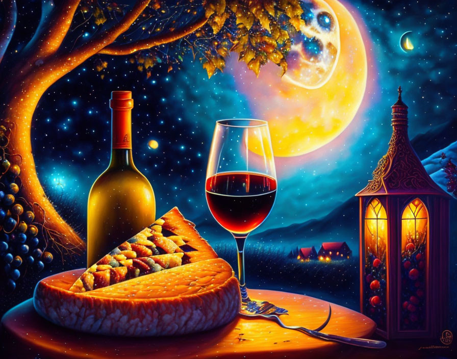 Cheese and wine in moonlight