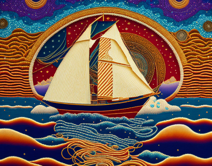 A sailing boat. Tapestry.