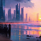 Futuristic cityscape at sunset with skyscrapers and people by the shoreline