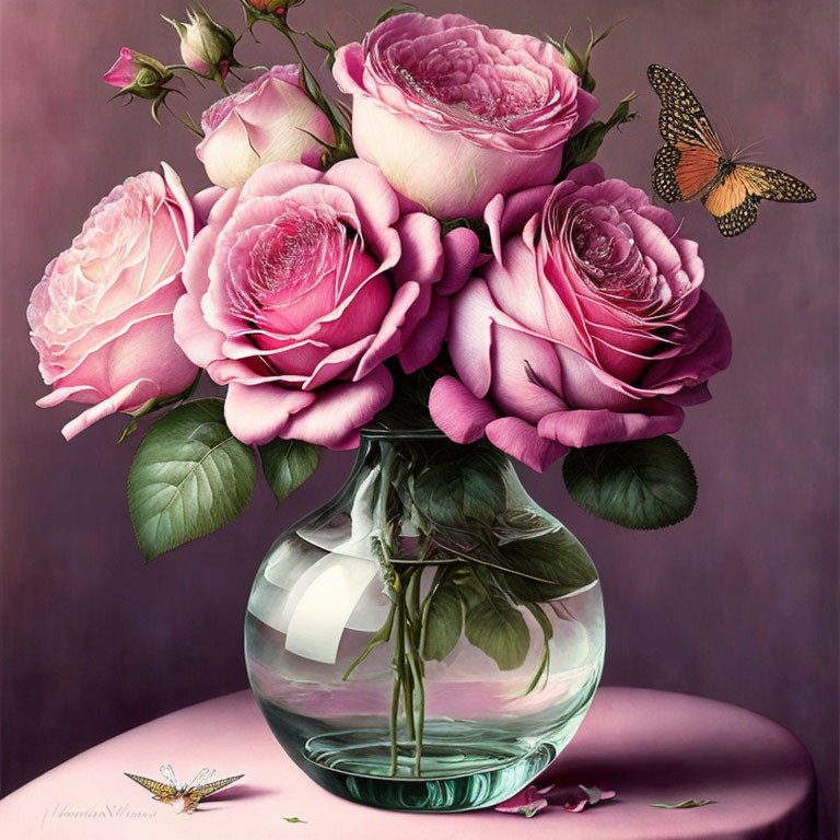 Pink roses in clear glass vase with butterfly and dragonfly on pink surface