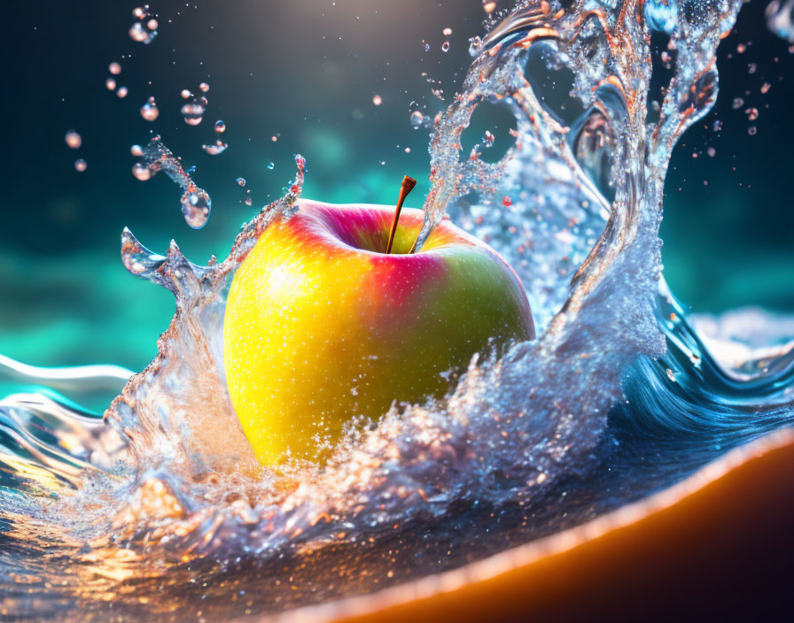 An apple splashing into a wave of moving water...