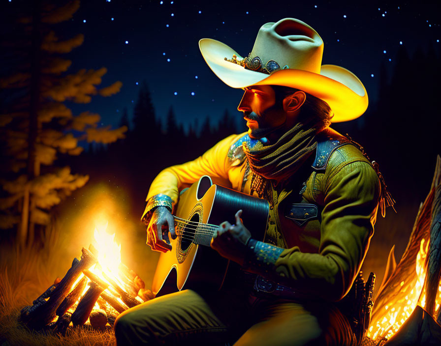 Cowboy with yellow hat plays a guitar!